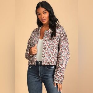 Lulu’s Eternal Autumn Cream Floral Print Crop Quilted Bomber Jacket size Small